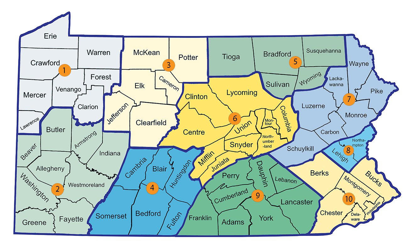 Pennsylvania county map showing the 10 PA Career Ready Coalition regions