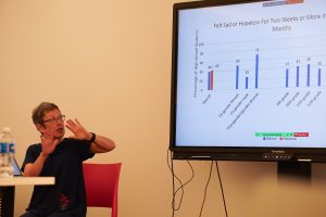 Dr. Liz Miller, sitting, gestures at a monitor as she presents findings from the Healthy Allegheny Teen Survey at the AIU Central Office on July 24, 2024.