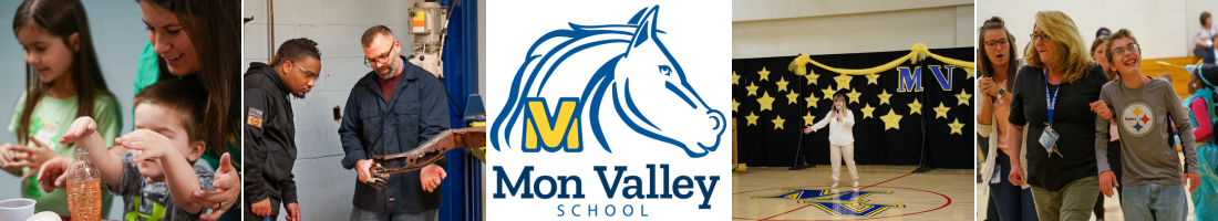 Collage of photos from Mon Valley School with the Mon Valley School Logo in the Center.