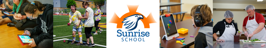 Photo collage from Sunrise School with the Sunrise logo at the center.