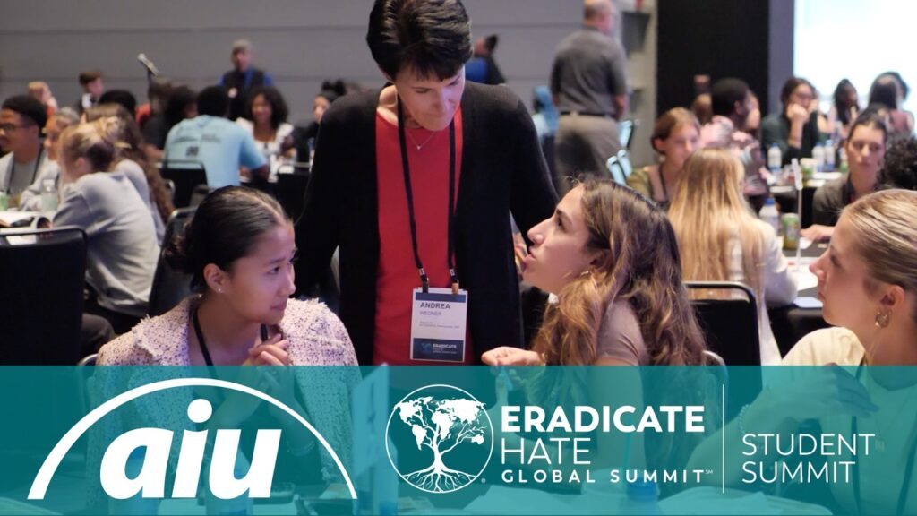 Students interact in thumbnail image that features AIU and Eradicate Hate logos.